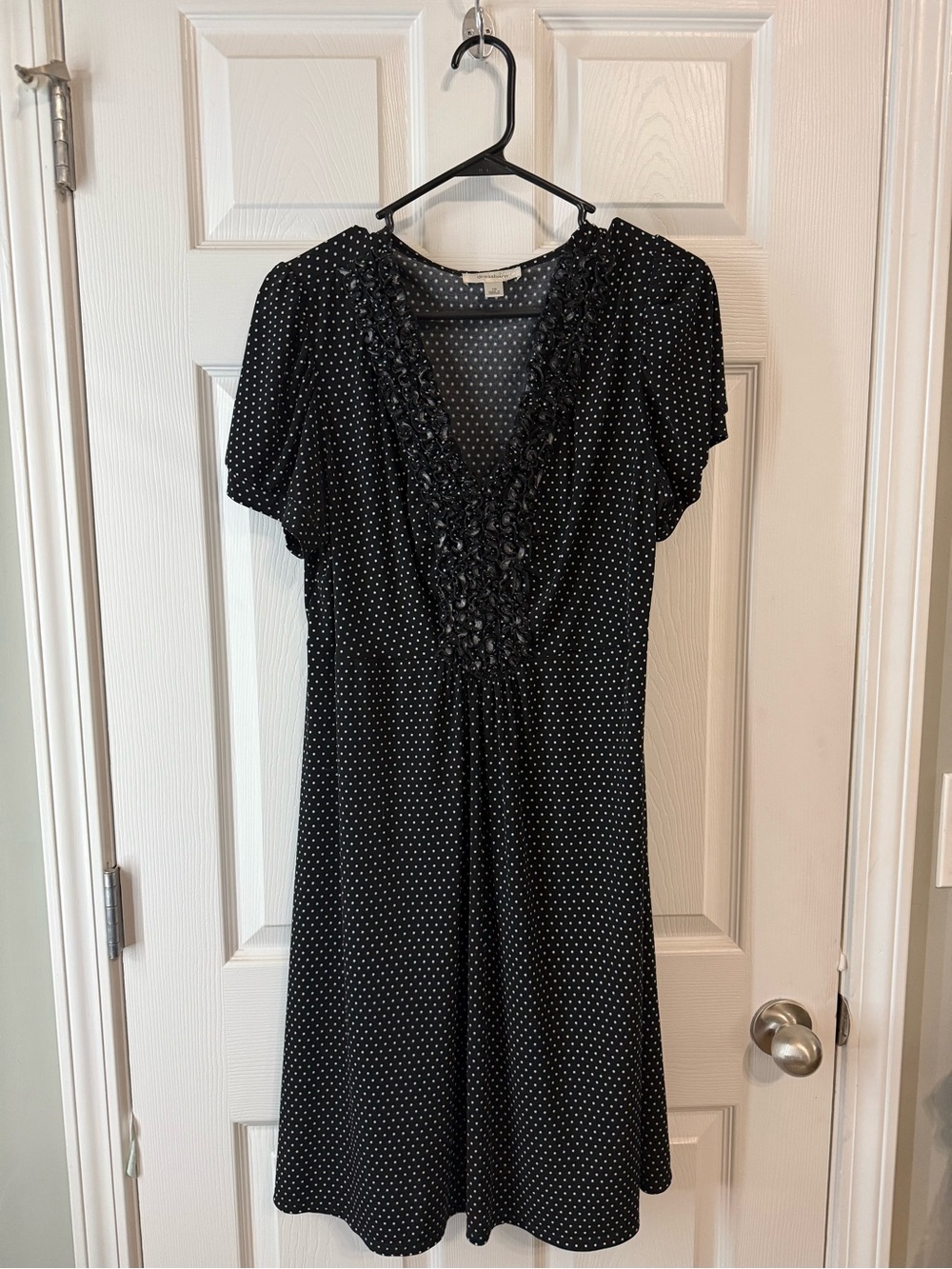 dressbarn Black and White Polka Dot V‑Neck Midi Dress with Ruffle Trim